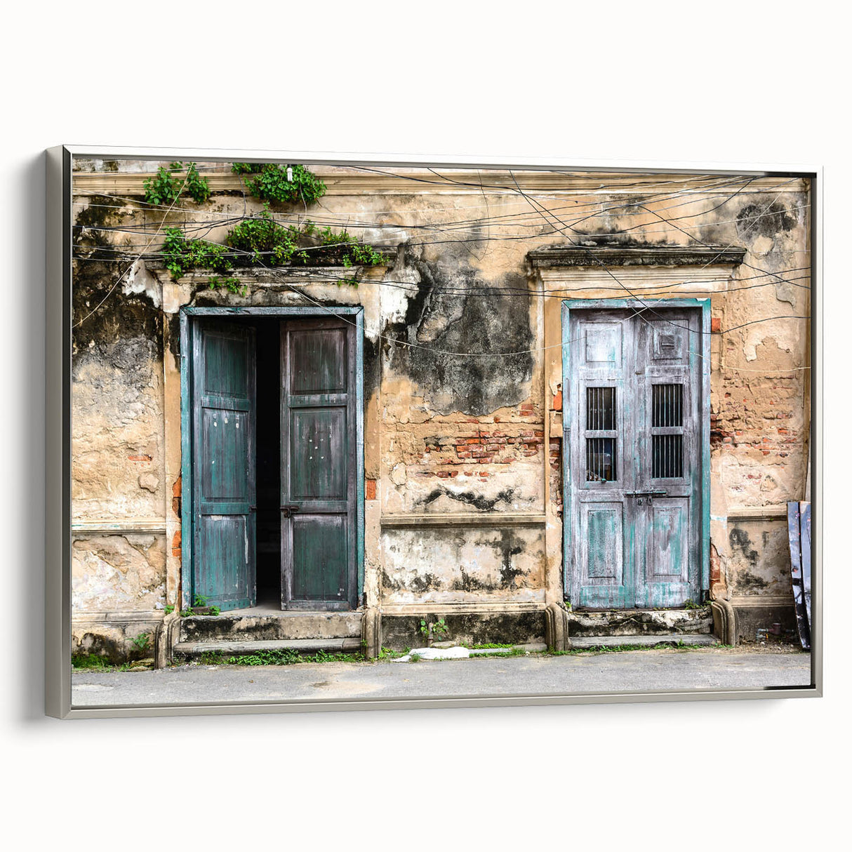 Vintage poster art of a colorful, ornate door design on a large framed canvas, ideal for living room decor.