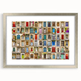 Abstract art print of a silver-framed door design on matte paper, featuring neutral gray shades, ideal for dining room decor.