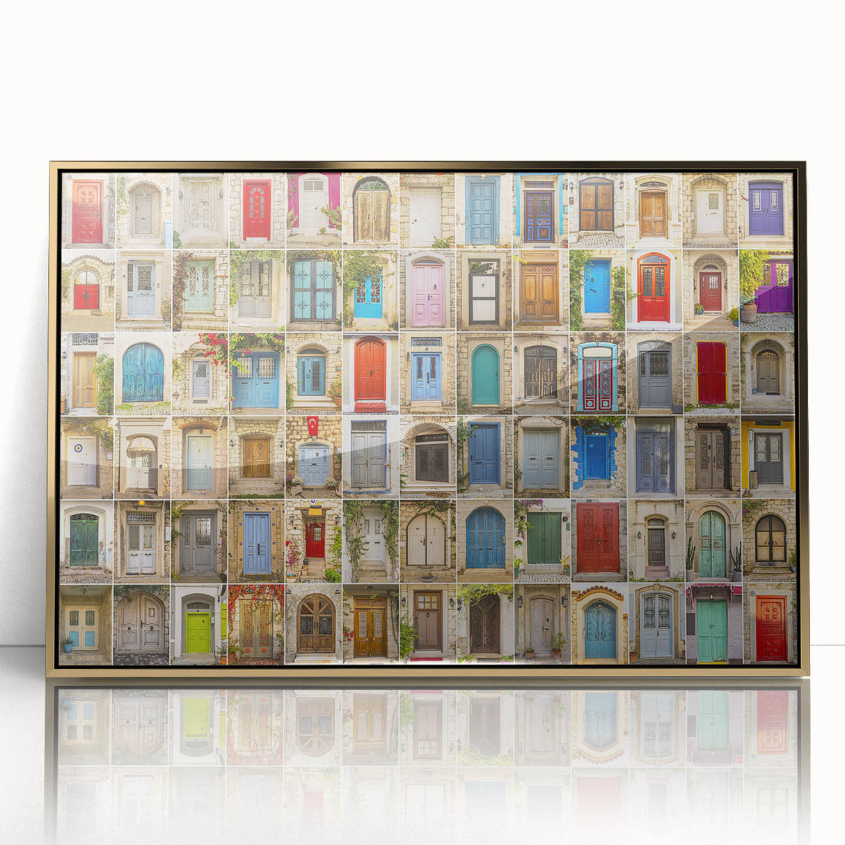 Mid-century modernist art deco poster featuring an architectural door design in gold tones on acrylic.