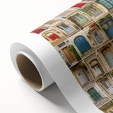 Art deco poster of an ornate door, in muted gold and ebony, printed on rolled canvas.