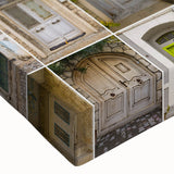 Large art of a detailed black and white door design on stretched canvas, ideal for bedroom wall decor.