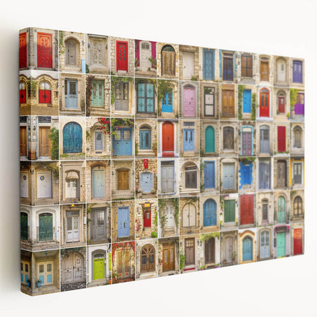 Side view of a large stretched canvas featuring a detailed door design in earth tones, ideal for kitchen wall art.