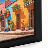 Close-up of a black wall art featuring a textured door design in vibrant colors on a framed canvas.