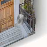 Mid-century modernist large abstract wall art print on acrylic glass featuring geometric and organic shapes in earth tones.