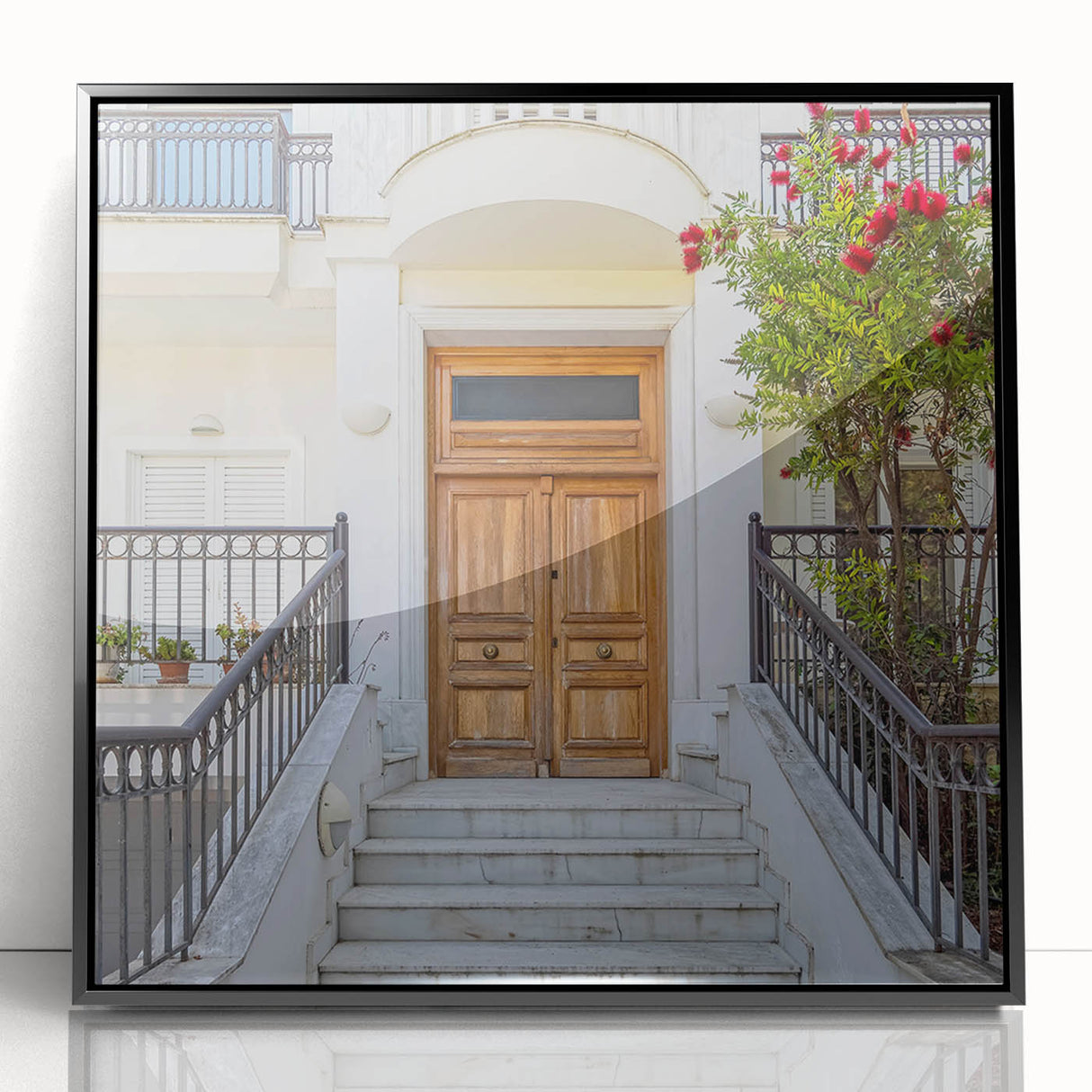 Large abstract wall art in mid-century modernist style, featuring geometric shapes in black and white.