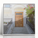 Mid-century modernist door design in monochrome on white framed acrylic, ideal for modern art wall decor.