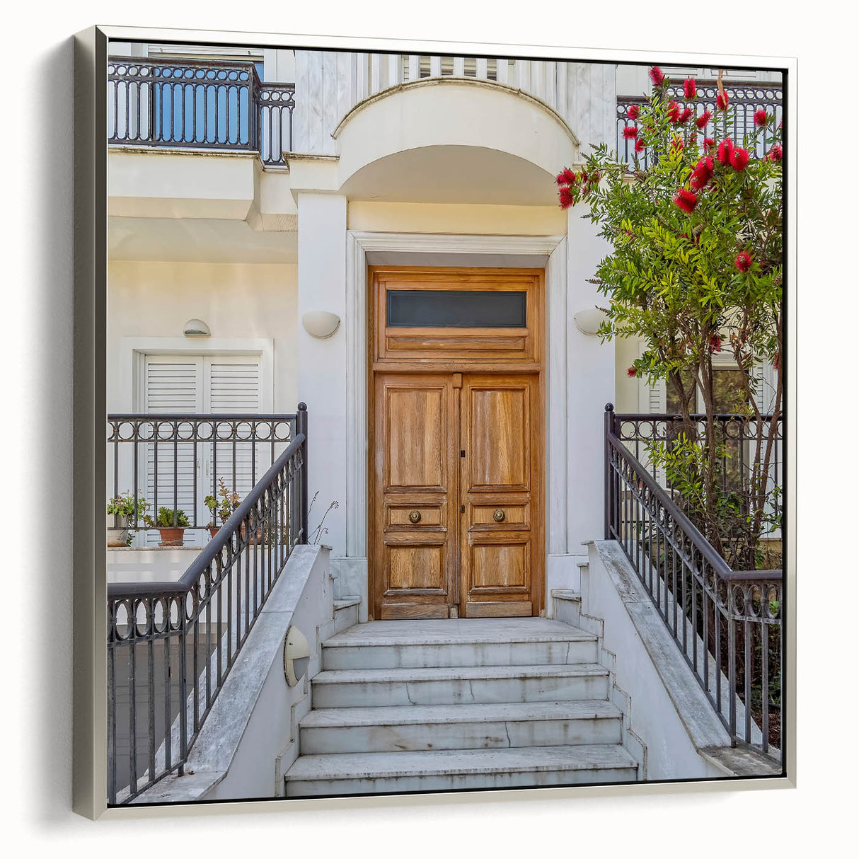 Vintage poster art featuring a detailed silver door design on a framed canvas, using black and colorful art tones.