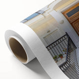 Art deco poster featuring a stylized architectural door design in muted gold and navy tones on rolled canvas.