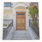 Black and white photo of an ornate door on stretched canvas, suitable as large kitchen wall art or for bedroom ambiance.