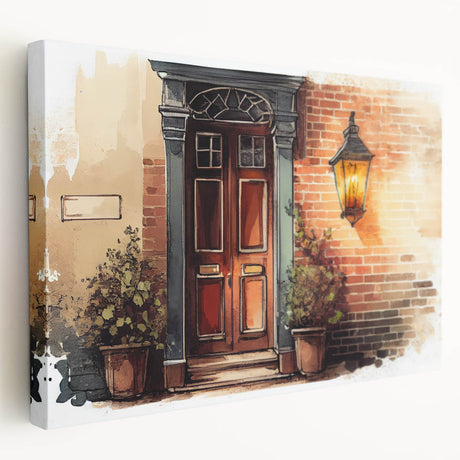 Side view of a large stretched canvas featuring a detailed door design in muted brown tones, ideal for kitchen wall art.