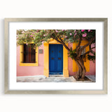 Abstract art print of a silver-framed door design in muted gray tones, ideal for dining room decor.