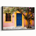 Black and white photograph of a vintage door, printed on framed canvas, ideal for bedroom wall art.