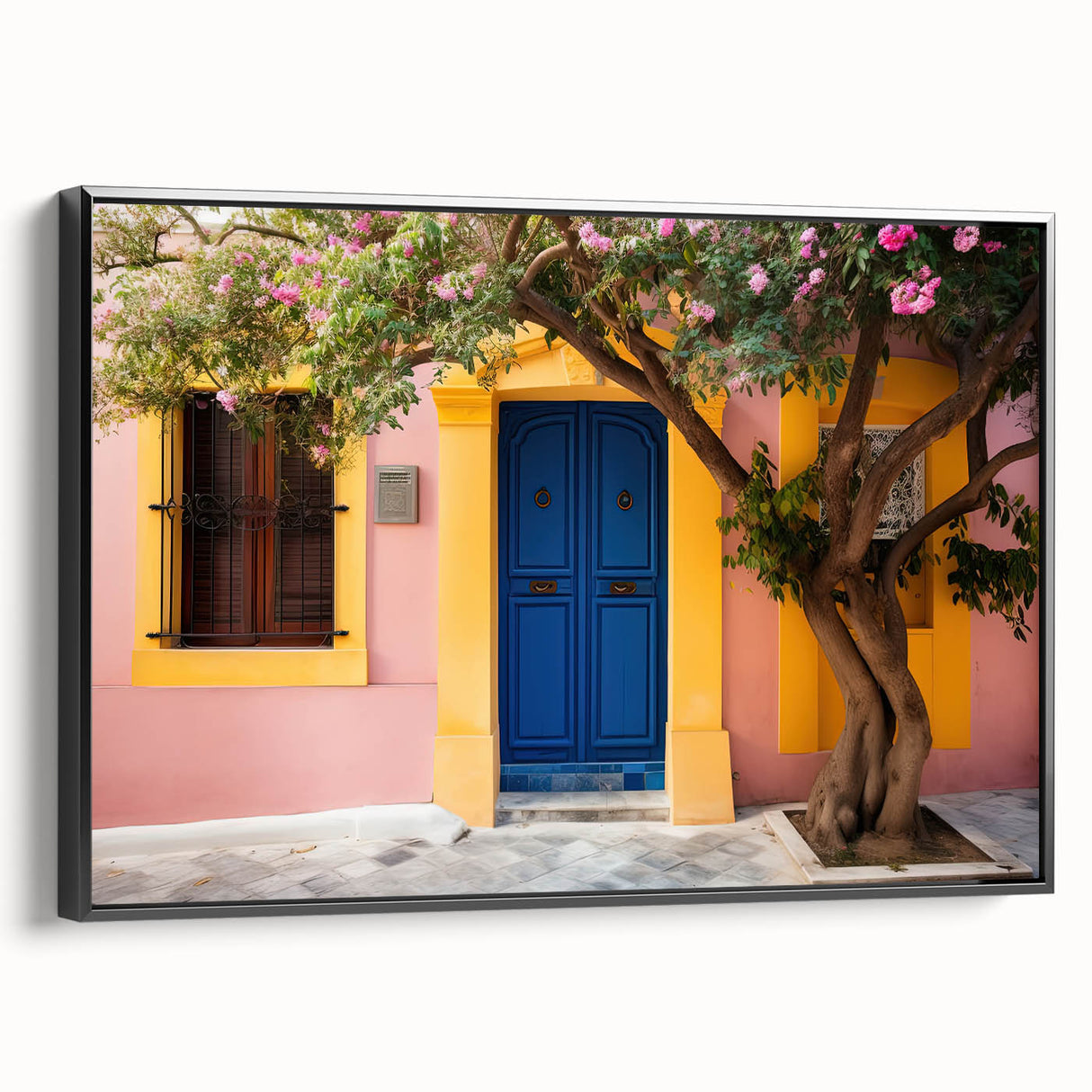 Black and white photograph of a vintage door, printed on framed canvas, ideal for bedroom wall art.