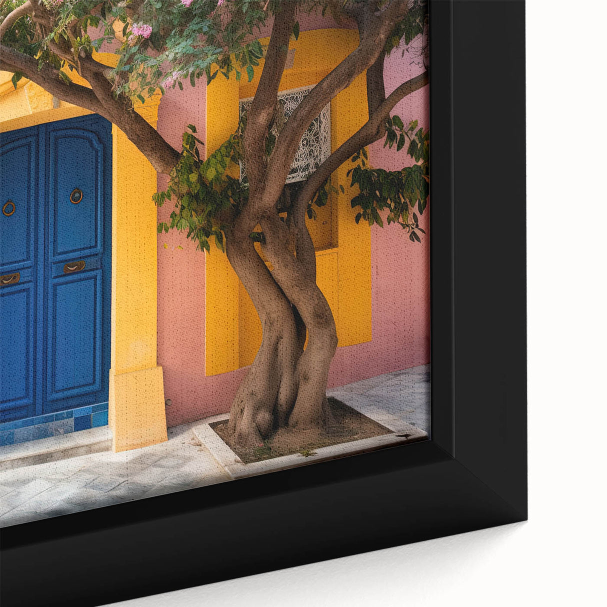 Close-up of a black wall art canvas featuring a textured, colorful door design, ideal for living room decor.
