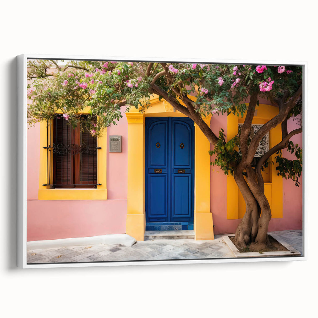 Framed canvas of a vintage poster featuring a black and white landscape painting, ideal for bedroom wall art.