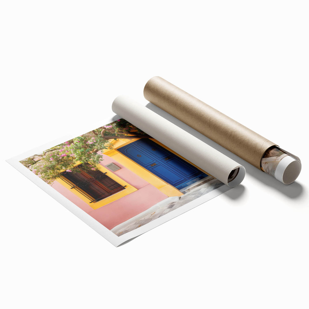 Extra large rolled print featuring a detailed floral design on a door, in muted earth tones.