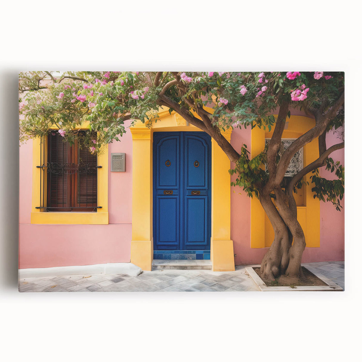 Black and white photo of an ornate door on stretched canvas, suitable as large kitchen wall art.