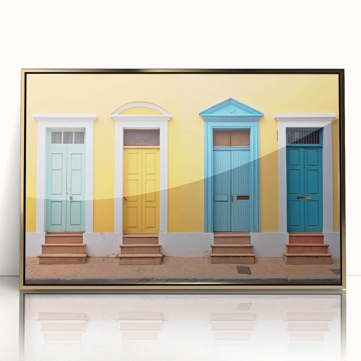 Mid-century modernist art deco door design in gold and black tones on framed acrylic, suitable for nursery wall art.