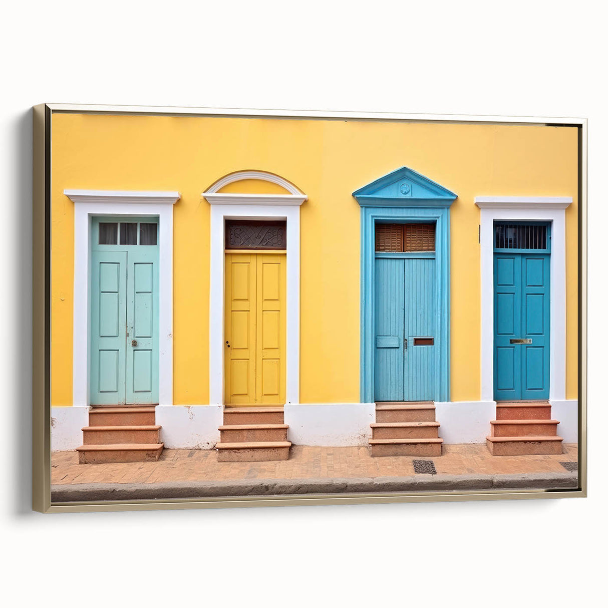 Vintage poster art of a colorful landscape painting on a black framed canvas, suitable for living room decor.
