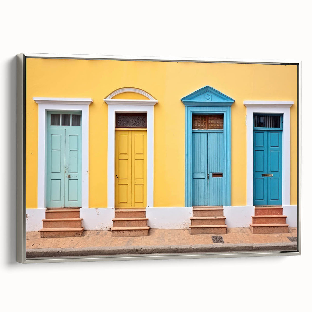 Vintage poster art of a detailed architectural door in black and colorful hues on a large framed canvas.