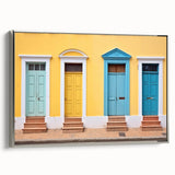 Vintage poster art of a detailed architectural door in black and colorful hues on a large framed canvas.