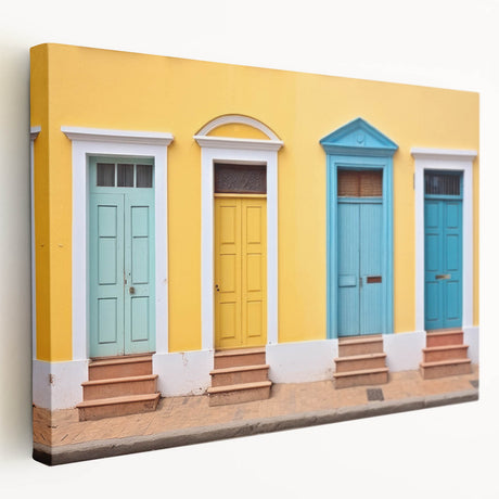 Side view of a large stretched canvas featuring a detailed architectural door design in neutral tones.