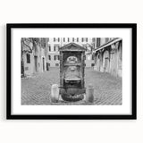 Extra large abstract art print featuring a colorful, textured depiction of a fountain, framed in black.