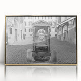 Mid-century modernist acrylic print featuring an architectural fountain design, framed in gold.