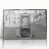 Mid-century modernist art featuring an architectural fountain design in silver tones on a framed acrylic panel.