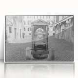 Art Deco poster of a modern art wall decor featuring an architectural fountain design in muted gray, framed in white acrylic.