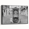 Black and white framed canvas of a vintage-style landscape with a fountain, ideal for bedroom wall decor.