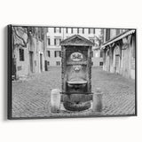 Black and white framed canvas of a vintage-style landscape with a fountain, ideal for bedroom wall decor.