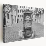 Side view of a large stretched canvas featuring a monochrome architectural fountain design, suitable for kitchen wall art.