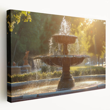 Side view of a large stretched canvas depicting a detailed architectural fountain design in neutral tones.
