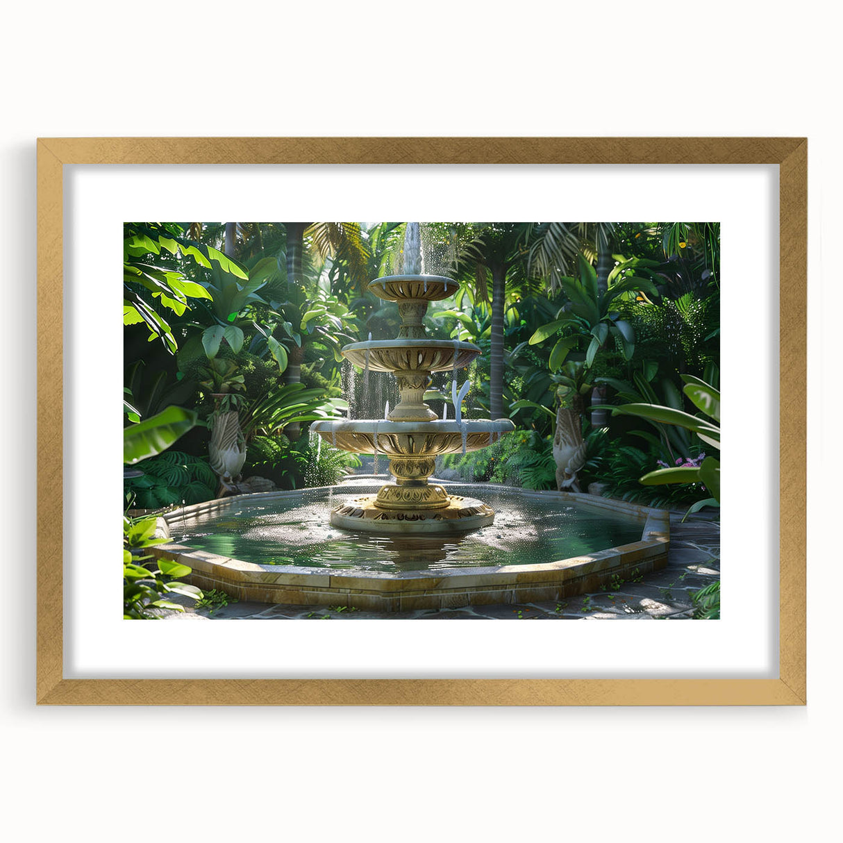 Abstract art print featuring textured design in gold and beige tones on a large framed canvas.
