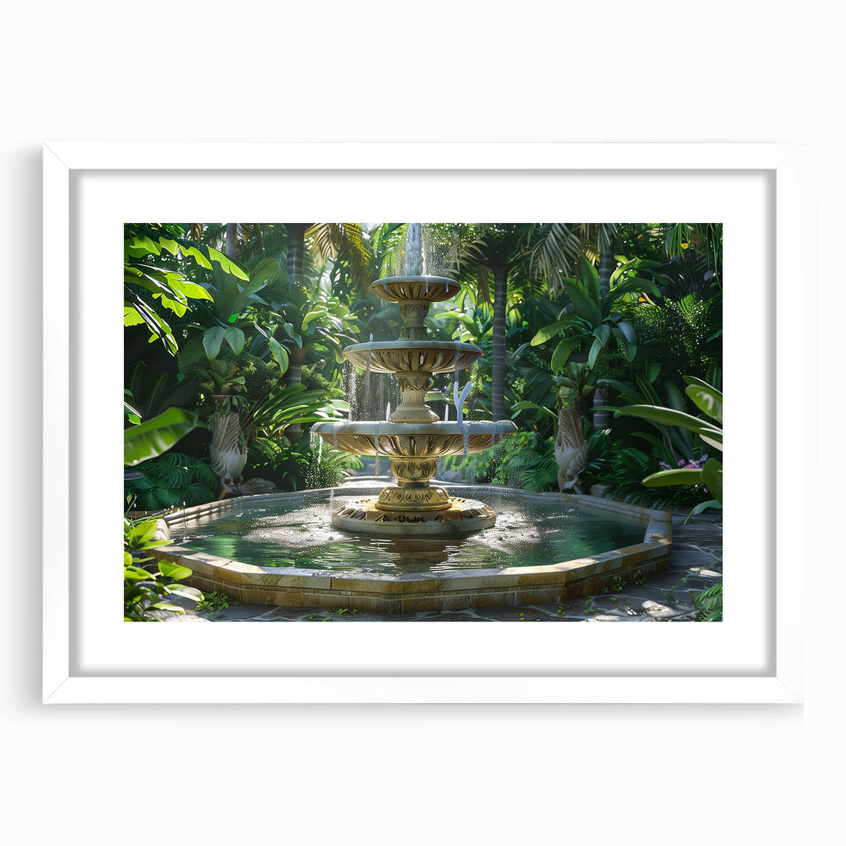 Abstract art print featuring a minimalist fountain design in muted gray tones, framed with a white mat.