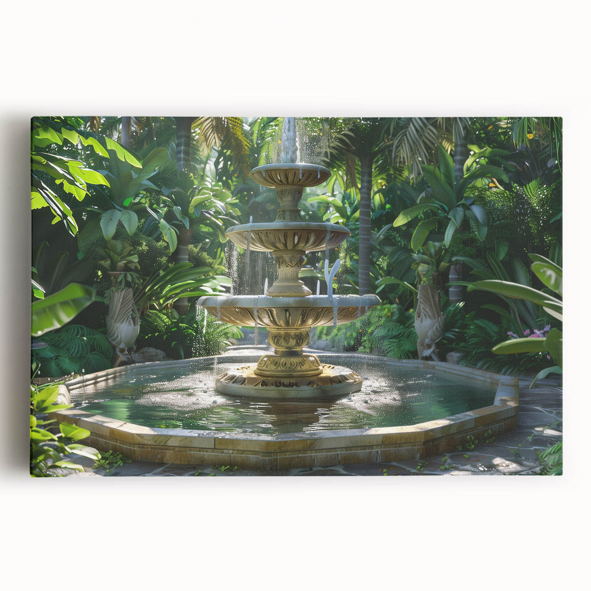 Black and white photo of an architectural fountain design on stretched canvas, suitable as large kitchen wall art.