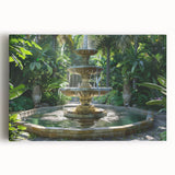 Black and white photo of an architectural fountain design on stretched canvas, suitable as large kitchen wall art.