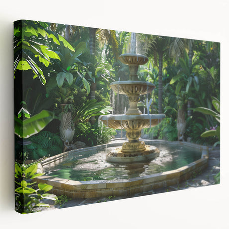 Large art print of a classical fountain design on stretched canvas, in muted earth tones, suitable for kitchen wall art.