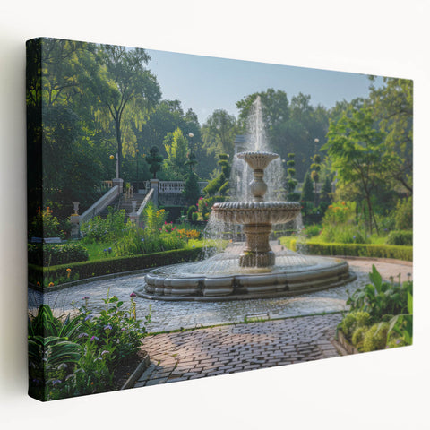 Large acrylic print of an architectural fountain design in muted gray tones, ideal for kitchen wall decor.