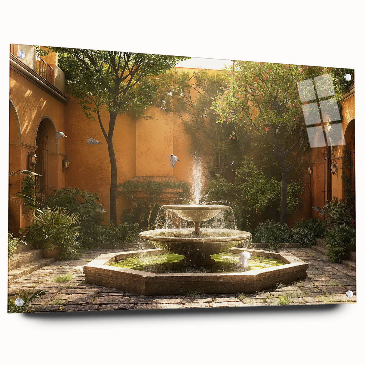 Large abstract wall art on acrylic glass depicting a stylized architectural fountain in muted blue and gray.
