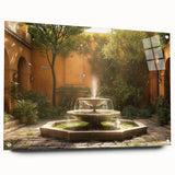 Large abstract wall art on acrylic glass depicting a stylized architectural fountain in muted blue and gray.