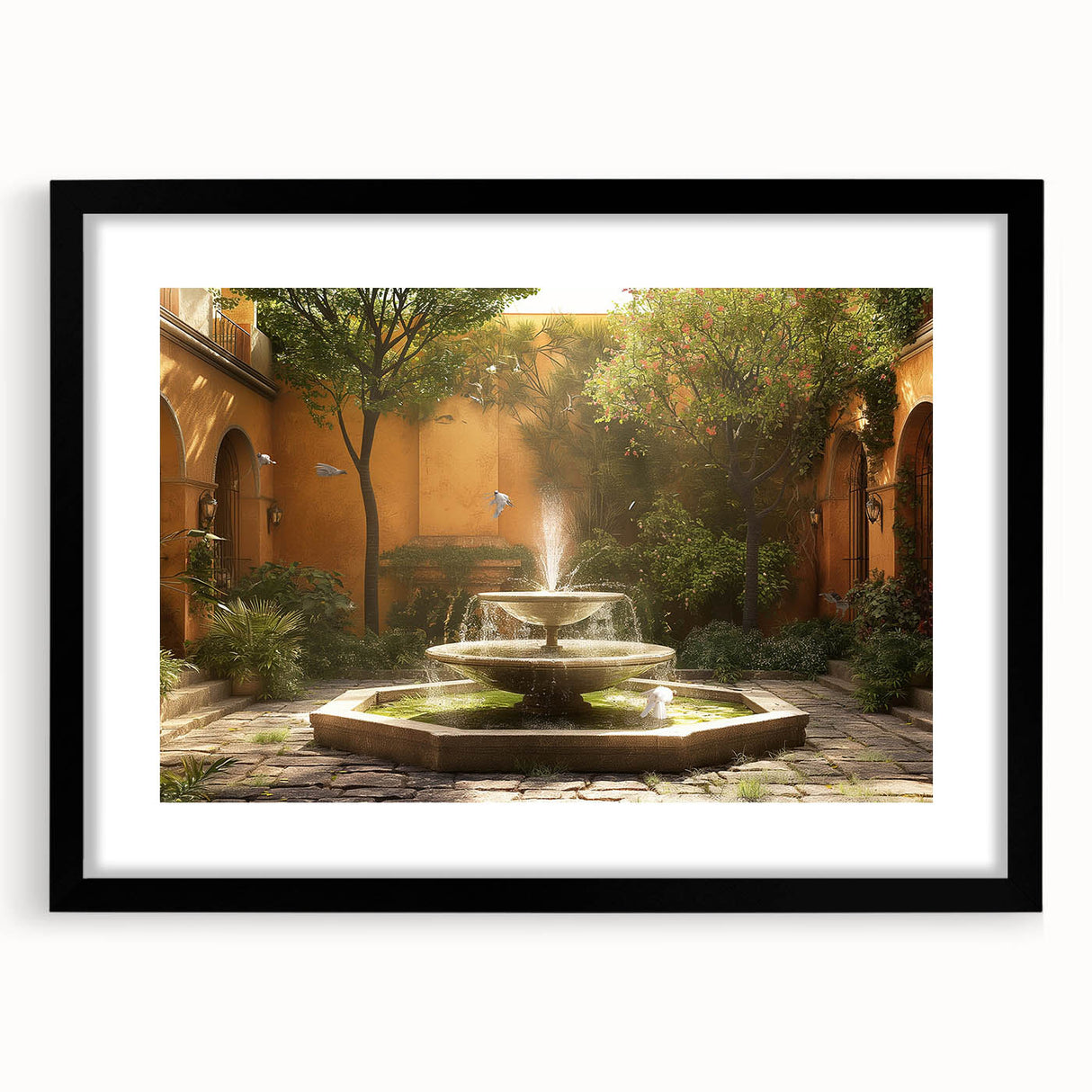 Abstract art print featuring a colorful, textured design on a large black-framed canvas, suitable for living room decor.