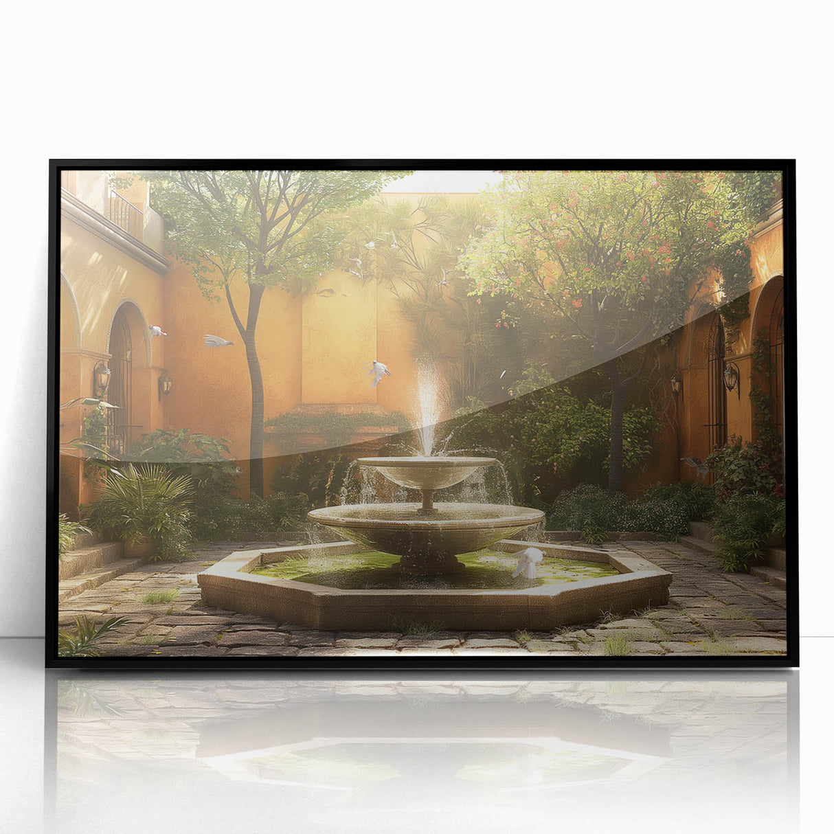 Large abstract wall art featuring a black and white mid-century modernist fountain design on a framed acrylic panel.