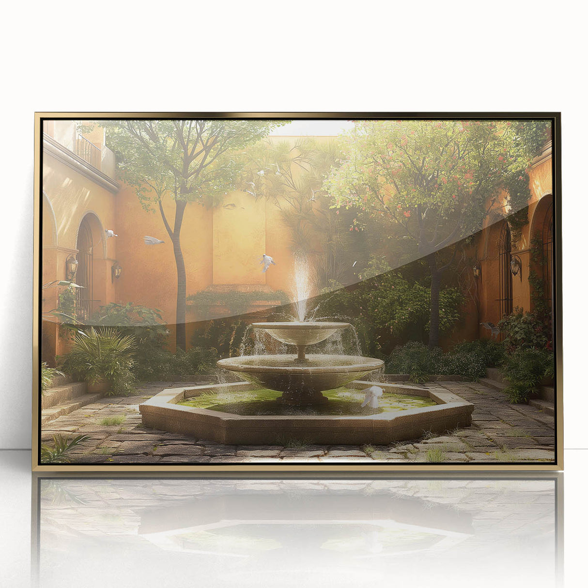 Mid-century modernist acrylic print of an architectural fountain design in gold tones, ideal for modern art wall decor.