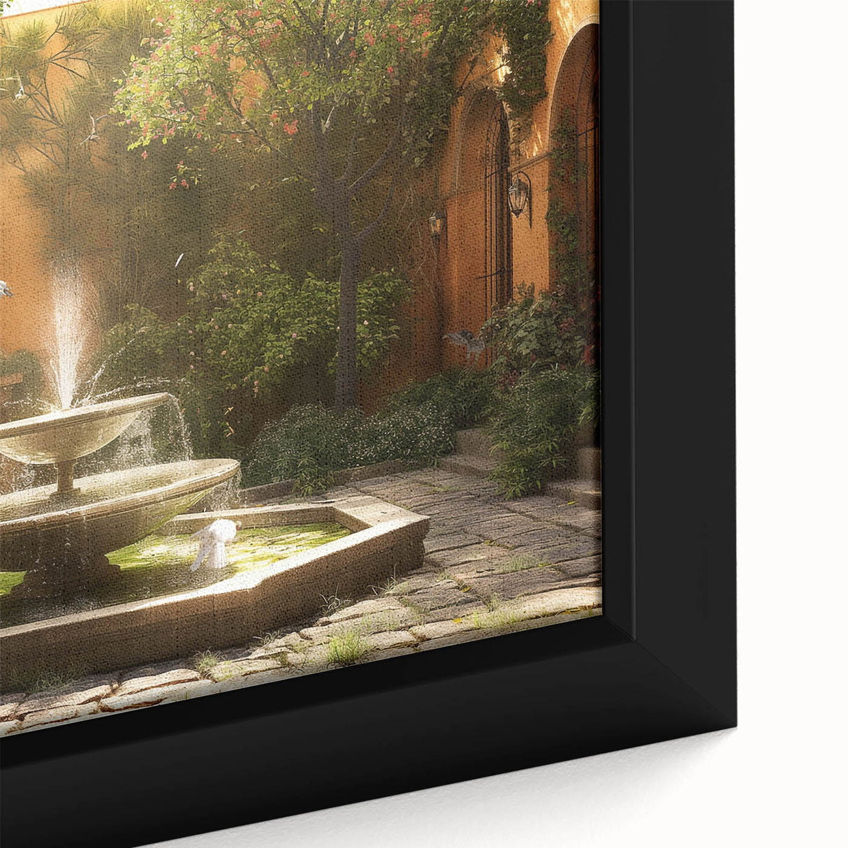 Extra large framed canvas featuring a black architectural fountain design with colorful, textured accents.