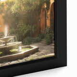 Extra large framed canvas featuring a black architectural fountain design with colorful, textured accents.