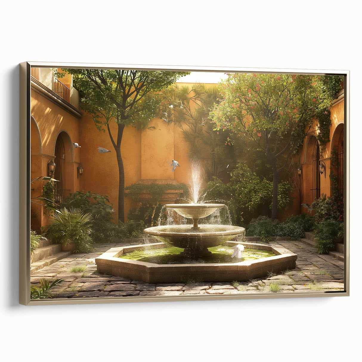 Framed canvas of a vintage-style landscape painting featuring a fountain design, in muted gold and black tones.