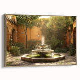 Framed canvas of a vintage-style landscape painting featuring a fountain design, in muted gold and black tones.