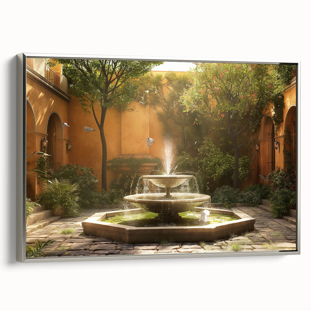 Framed canvas depicting a vintage black and colorful landscape art painting featuring architectural and fountain elements.